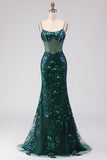 Sparkly Dark Green Corset Mermaid Maxi Prom Dress