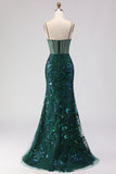 Sparkly Dark Green Corset Mermaid Maxi Prom Dress
