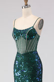 Sparkly Dark Green Corset Mermaid Maxi Prom Dress