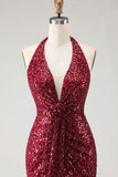 Sparkly Burgundy Halter Mermaid Prom Dress With Slit