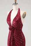 Sparkly Burgundy Halter Mermaid Prom Dress With Slit