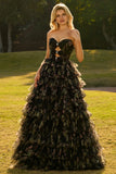 Strapless Tiered Black Floral Cut Out Prom Dress with Bows