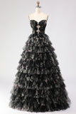 Strapless Tiered Black Floral Cut Out Prom Dress with Bows