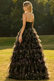 Strapless Tiered Black Floral Cut Out Prom Dress with Bows