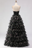 Strapless Tiered Black Floral Cut Out Prom Dress with Bows