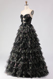 Strapless Tiered Black Floral Cut Out Prom Dress with Bows