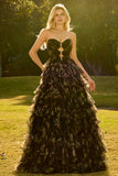 Pink Floral Strapless Tiered Cut Out Bowed Prom Dress