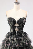 Strapless Tiered Black Floral Cut Out Prom Dress with Bows