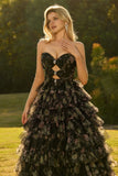 Pink Floral Strapless Tiered Cut Out Bowed Prom Dress