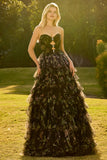 Pink Floral Strapless Tiered Cut Out Bowed Prom Dress