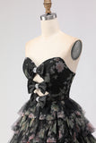 Strapless Tiered Black Floral Cut Out Prom Dress with Bows