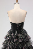 Strapless Tiered Black Floral Cut Out Prom Dress with Bows