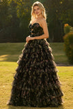 Pink Floral Strapless Tiered Cut Out Bowed Prom Dress
