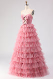 Strapless Tiered Black Floral Cut Out Prom Dress with Bows