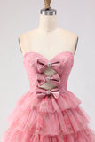 Strapless Tiered Black Floral Cut Out Prom Dress with Bows