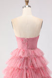 Strapless Tiered Black Floral Cut Out Prom Dress with Bows