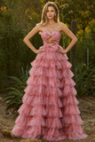 Strapless Tiered Black Floral Cut Out Prom Dress with Bows