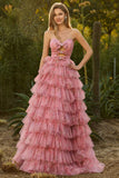 Pink Floral Strapless Tiered Cut Out Bowed Prom Dress
