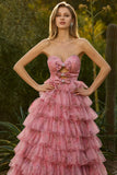 Pink Floral Strapless Tiered Cut Out Bowed Prom Dress