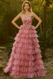Pink Floral Strapless Tiered Cut Out Bowed Prom Dress