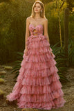 Pink Floral Strapless Tiered Cut Out Bowed Prom Dress