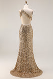 Sparkly One Shoulder Golden Cut Out Prom Dress with Slit