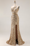 Sparkly Golden Mermaid Cut Out One Shoulder Prom Dress