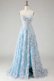 Blue A-Line Appliqued Spaghetti Straps Prom Dress With Slit