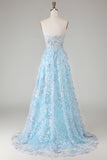Blue A-Line Appliqued Spaghetti Straps Prom Dress With Slit