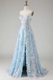 Blue A-Line Appliqued Spaghetti Straps Prom Dress With Slit