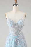 Blue A-Line Appliqued Spaghetti Straps Prom Dress With Slit