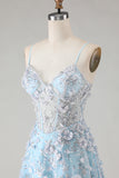 Blue A-Line Appliqued Spaghetti Straps Prom Dress With Slit