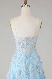 Blue A-Line Appliqued Spaghetti Straps Prom Dress With Slit