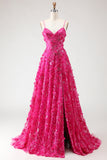 Blue A-Line Appliqued Spaghetti Straps Prom Dress With Slit