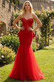 Glitter Red Mermaid Sweetheart Corset Prom Dress With Bow