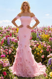 Pink Off the Shoulder Mermaid Prom Dress with Appliques