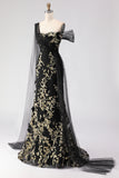 Mermaid Black Golden Sequin Asymmetrical Neck Prom Dress