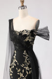 Mermaid Black Golden Sequin Asymmetrical Neck Prom Dress