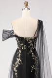Mermaid Black Golden Sequin Asymmetrical Neck Prom Dress