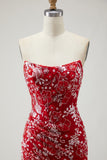 Red Strapless Mermaid Beaded Prom Dress With Slit