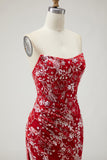 Red Strapless Mermaid Beaded Prom Dress With Slit