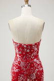 Red Strapless Mermaid Beaded Prom Dress With Slit