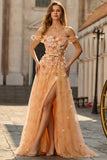 Off the Shoulder Floral Appliqued Green A Line Prom Dress