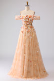 Off the Shoulder Floral Appliqued Green A Line Prom Dress