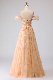 Off the Shoulder Floral Appliqued Green A Line Prom Dress