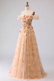 Off the Shoulder Appliqued Green Floral A Line Prom Dress