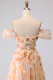 Off the Shoulder Appliqued Green Floral A Line Prom Dress