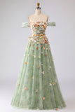 Off the Shoulder Floral Appliqued Green A Line Prom Dress