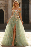 Off the Shoulder Floral Appliqued Green A Line Prom Dress