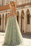 Off the Shoulder Floral Appliqued Green A Line Prom Dress
